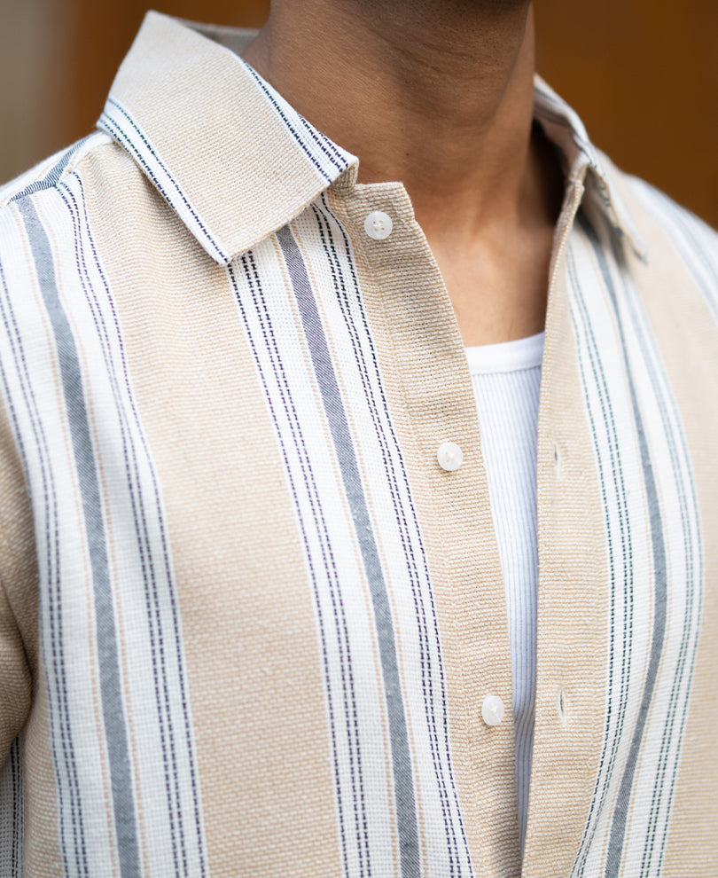 Beige Structured Stripe Regular Fit Shirt.