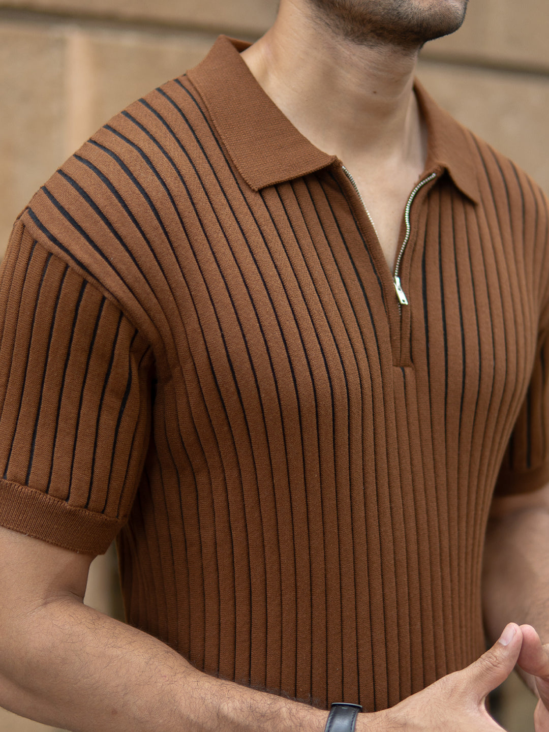 Brown Striped Knit Polo T-Shirt
