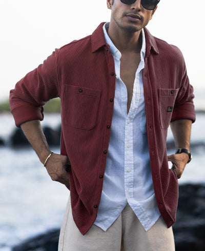 Wine Structured Knit Shirt With Pockets