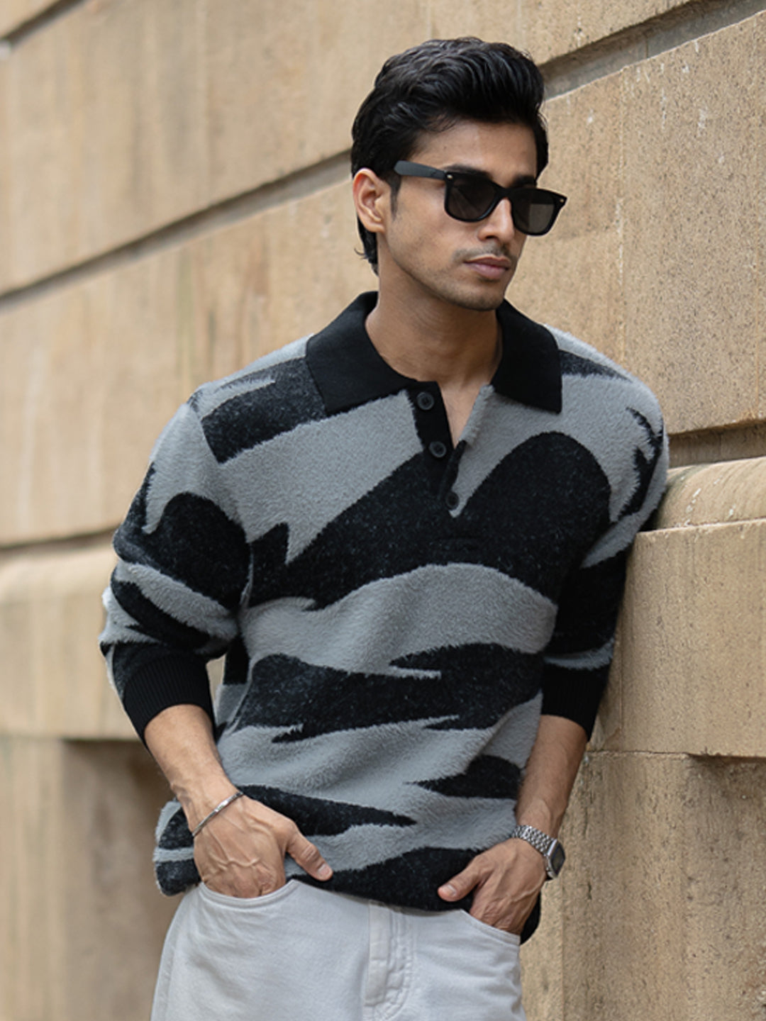 Black Abstract Jacquard Knit Polo Sweater