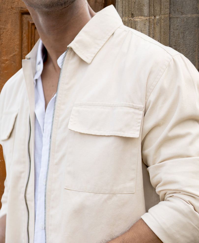 Light Beige Structured Zipper Overshirt