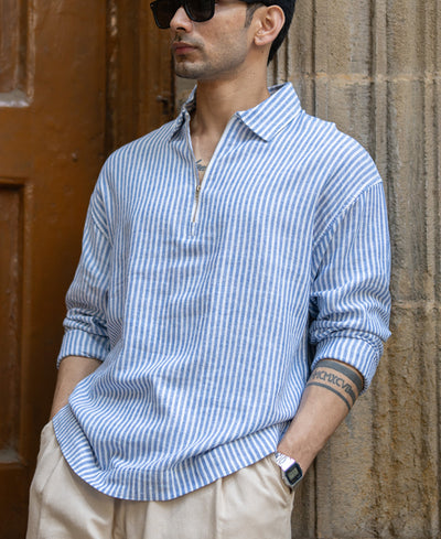 Blue Stripe Zipper Kurta Shirt