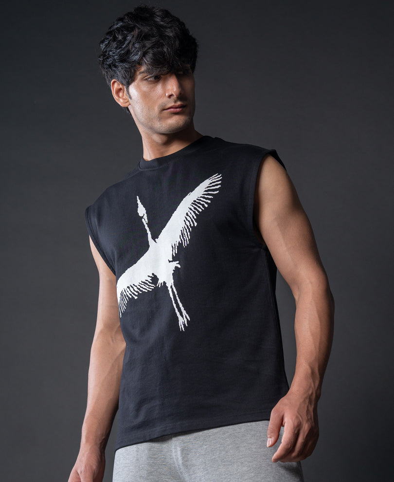 Heron Print Black Vest.