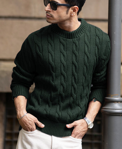 Pine Distressed Cable Knit Sweater