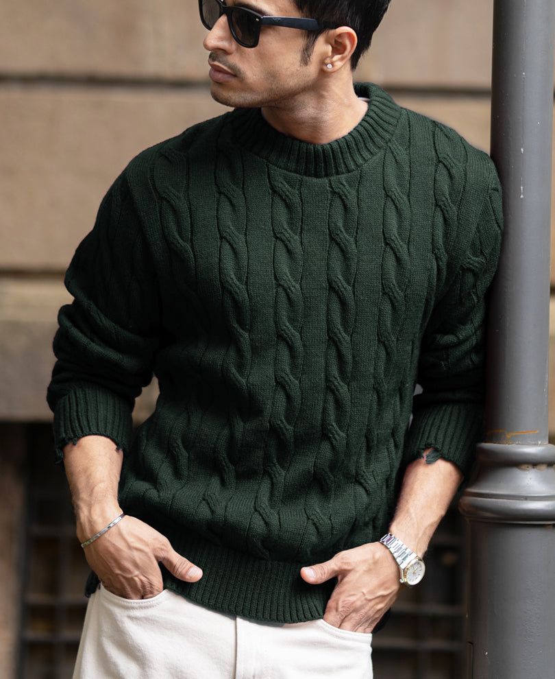 Pine Distressed Cable Knit Sweater