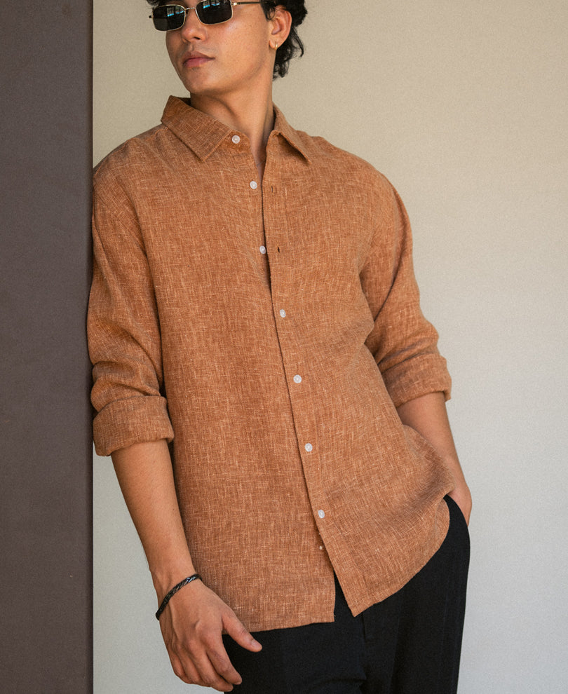 Brick Structured Linen Blend Shirt.