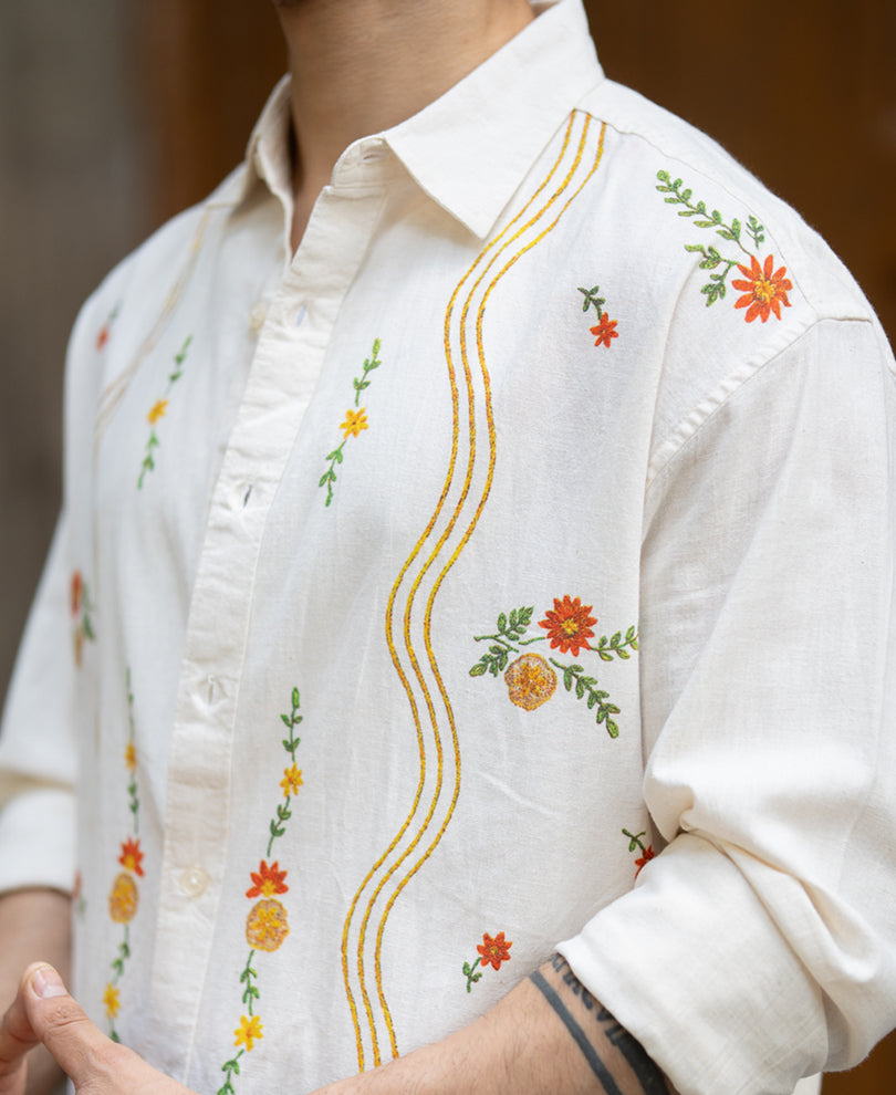 Natural Linen Blend Print Shirt.