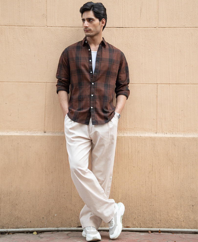 Dark Brown Structured Checked Shirt