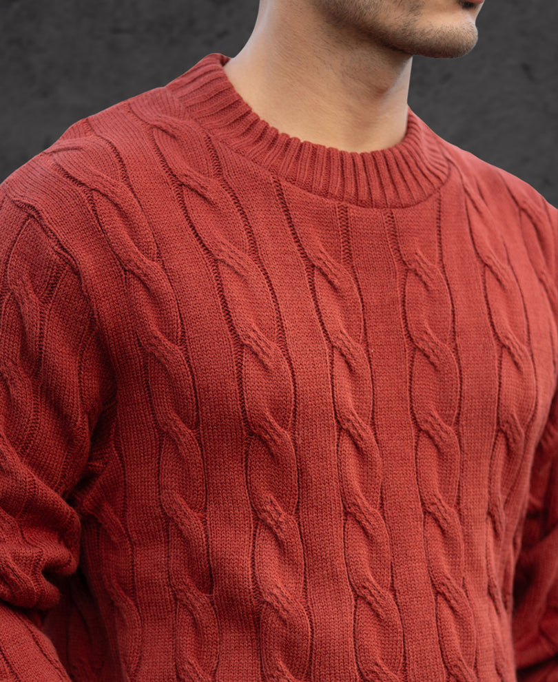 Ochre Distressed Cable Knit Sweater