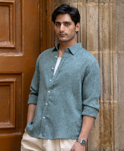 Teal Structured Linen Blend Shirt.