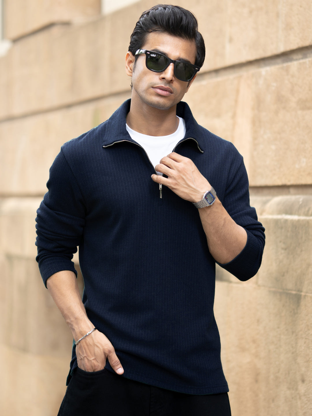 Denim Blue Structured Zipper T-Shirt