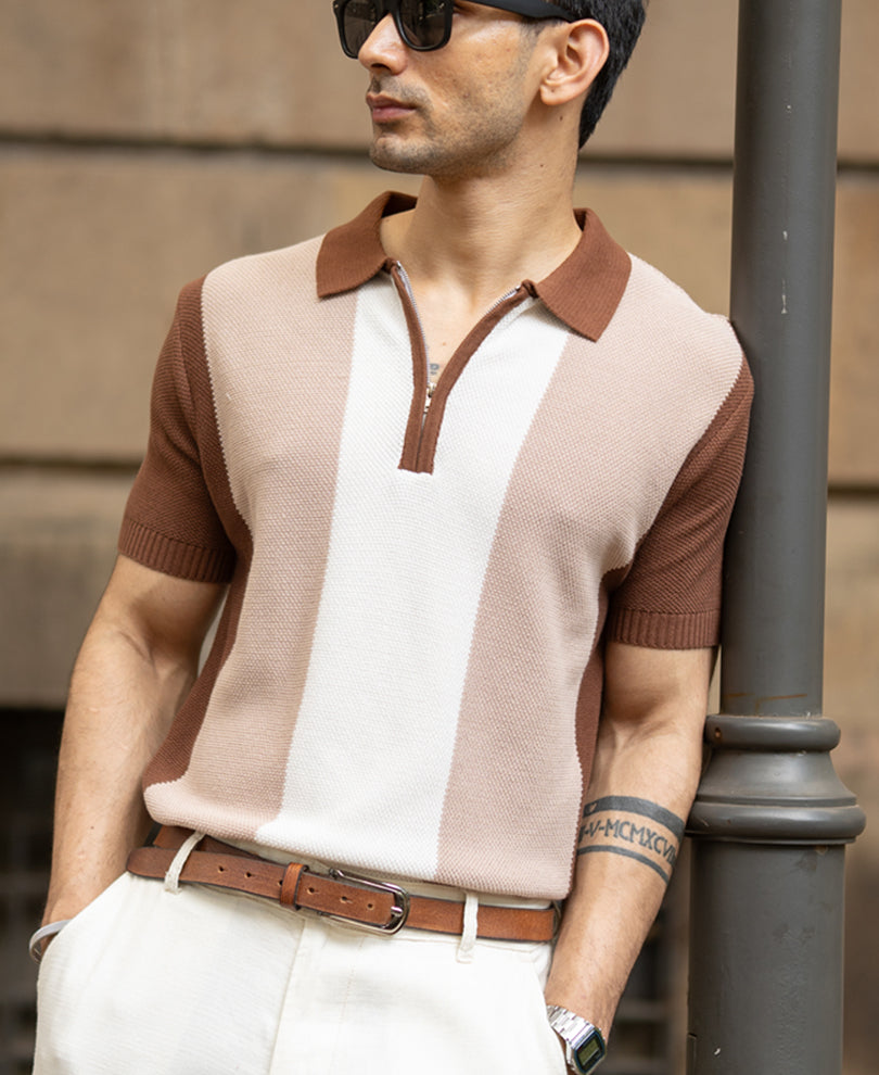 Beige & Brown Knit Stripe T-Shirt.