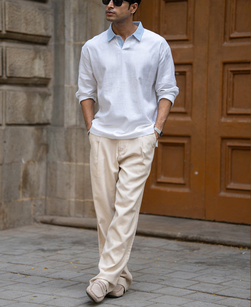 White Contrast Collar Kurta Shirt.
