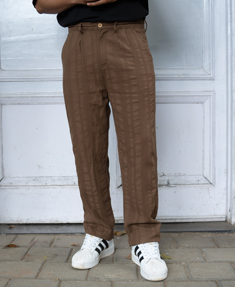 Brown Structured Pleated Cotton Trousers.