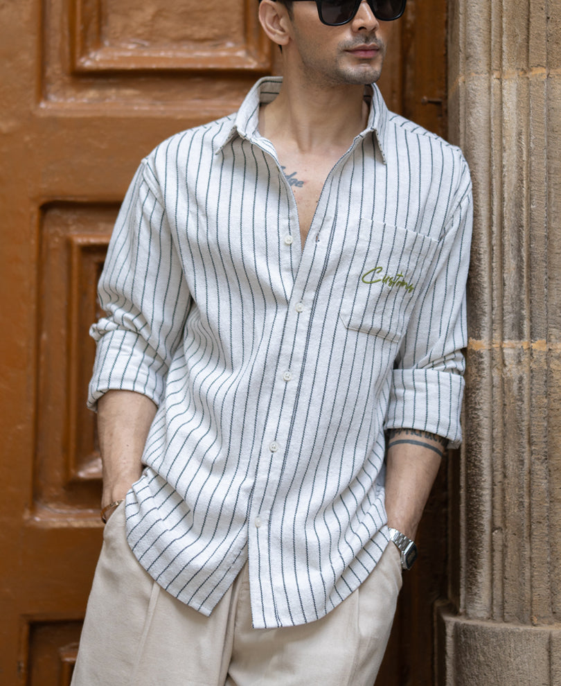 Beige Embroidered Stripe Shirt