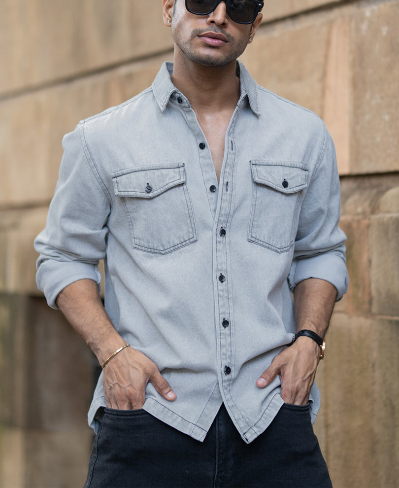 Grey Denim Shacket With Pockets