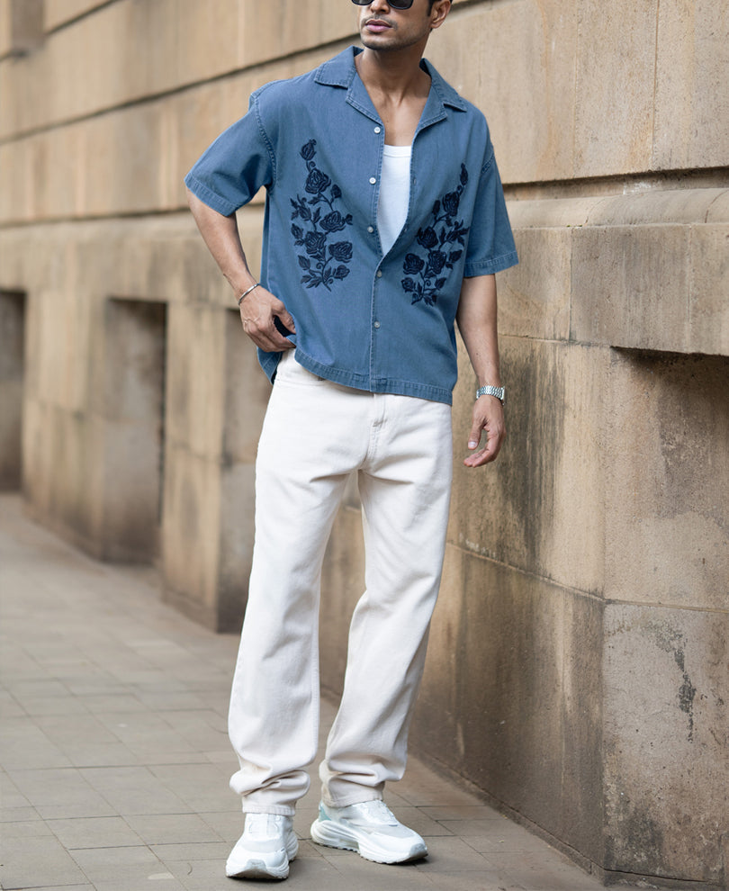 Mid Blue Embroidered Denim Shirt.