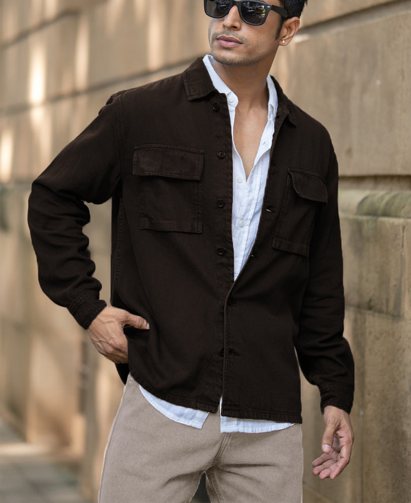 Dark Brown Double Pockets Denim Overshirt