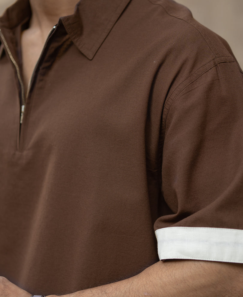 Dark Brown Boxy Fit Zipper Shirt.