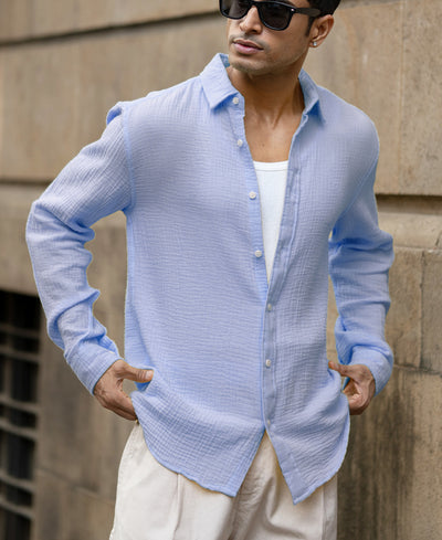 Light Blue Crinkled Shirt 100% Cotton