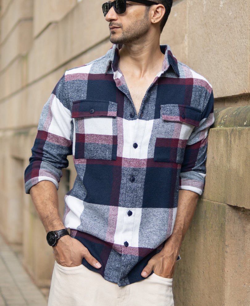Navy And Wine Flannel Checks Shirt