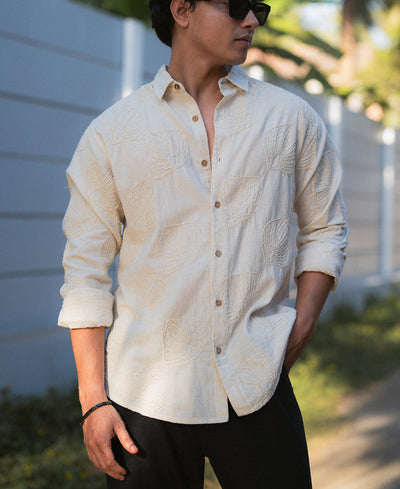 Natural Linen Blend Embroidered Shirt