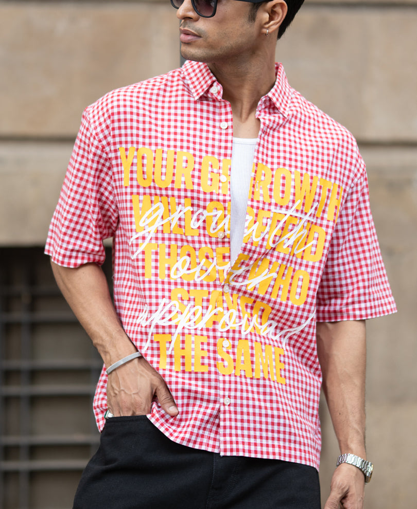 Red Micro Checks Printed Boxy Shirt.