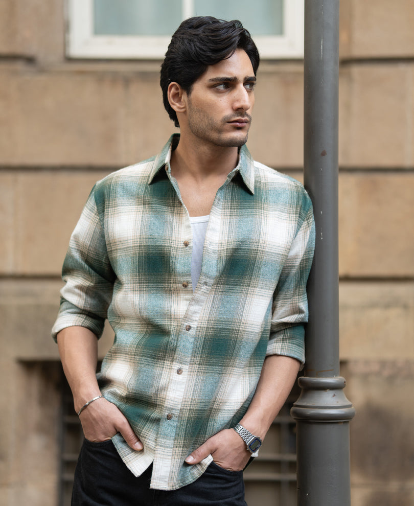 Green & Beige Flannel Checks Shirt.