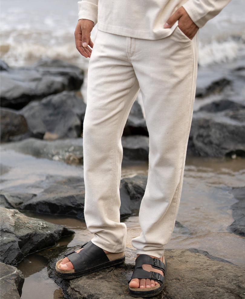 Cream Structured Cotton Trouser