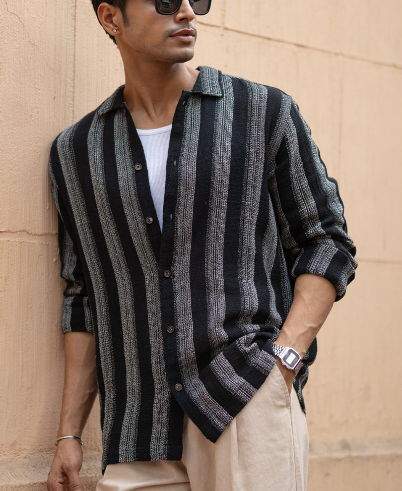 Black Structured Striped Shirt.