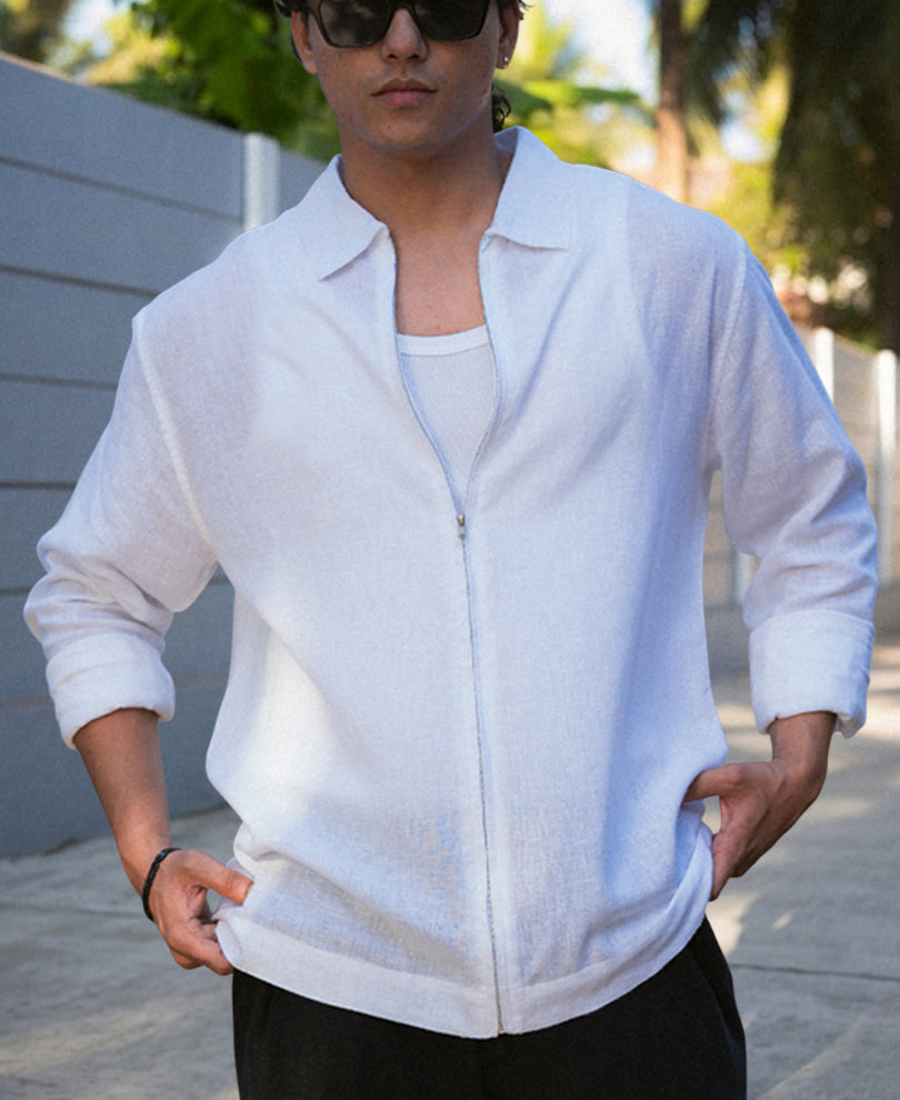 White Linen Blend Zipper Shirt