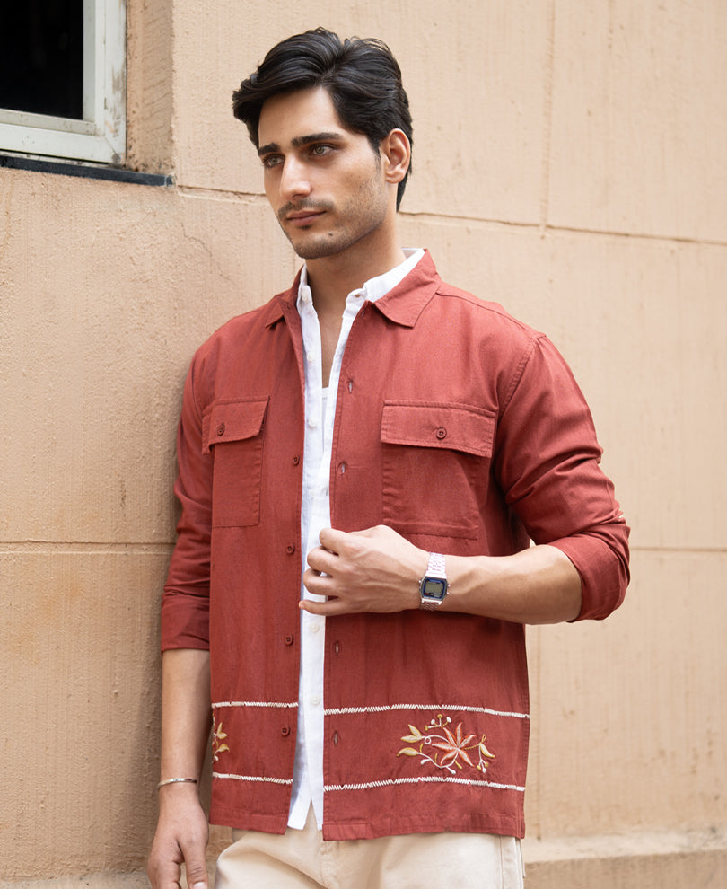 Brick Embroidered Linen Shirt