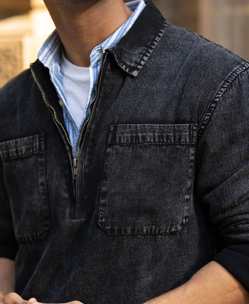 Black Washed Denim Polo Shirt