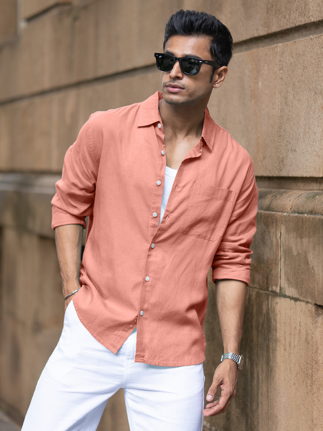 Coral Linen Blend Shirt