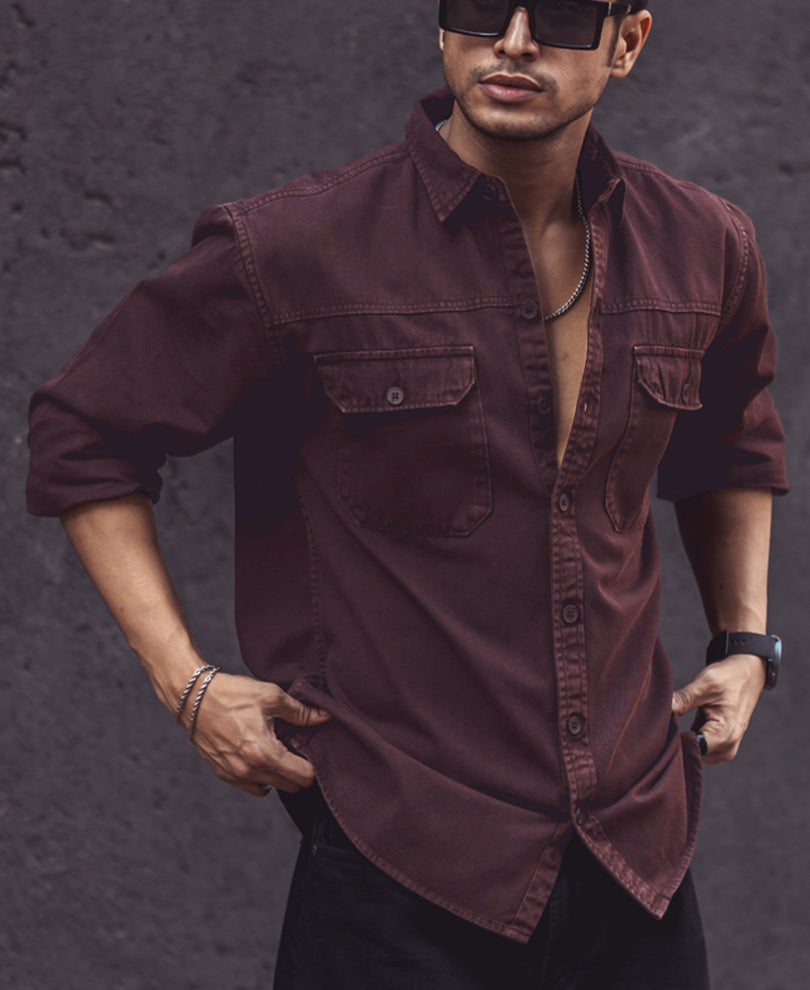 Dark Brown Denim Shacket Full Sleeves Shirt