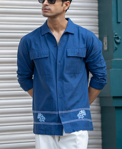 Navy Embroidered Linen Shirt
