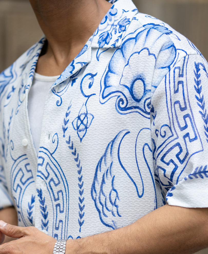 White Printed Cotton Structured Shirt.
