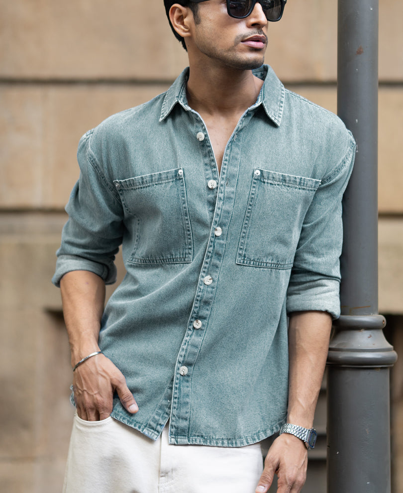 Mid Blue Washed Denim Shirt.