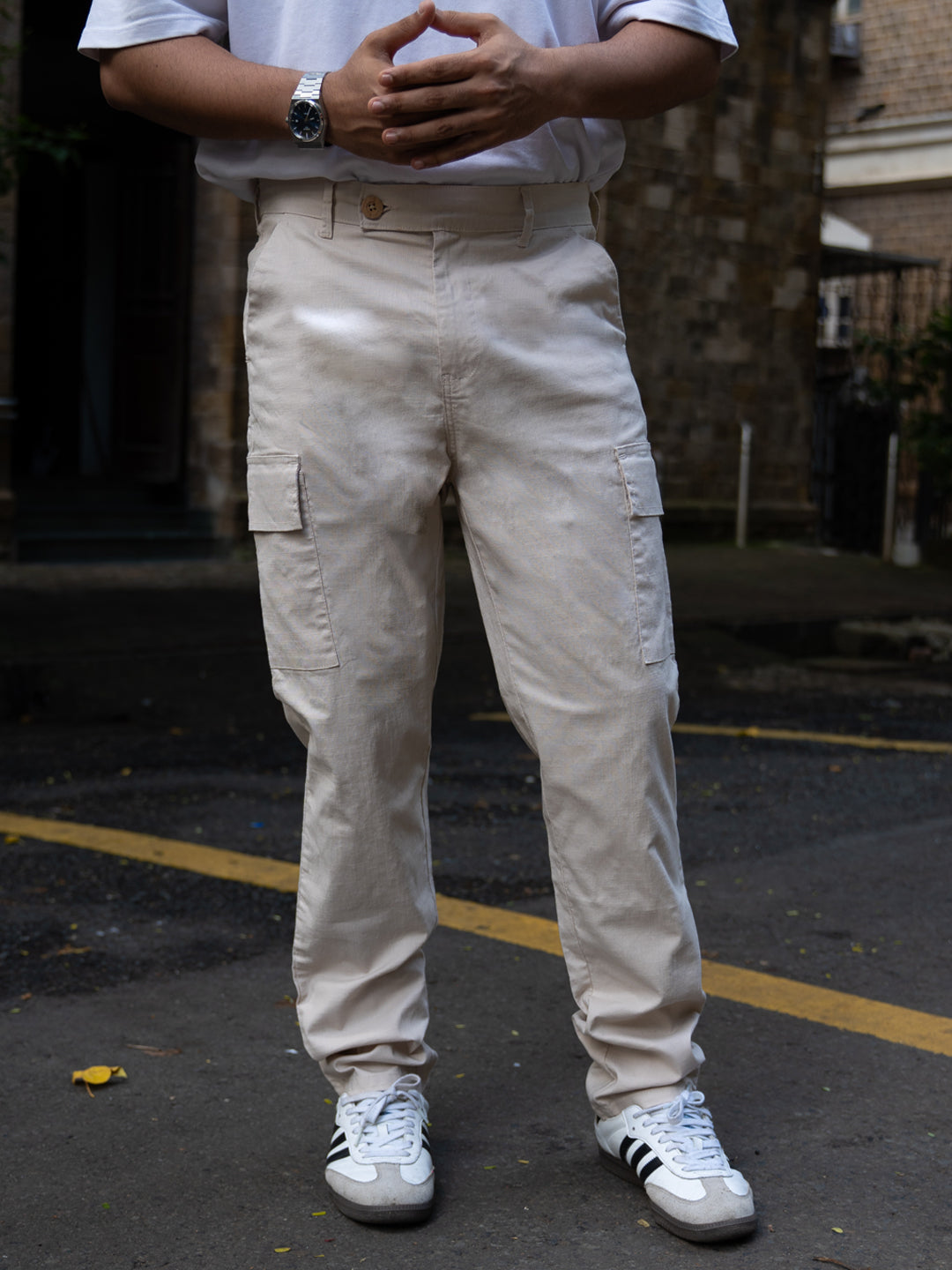 Cream Cotton Cargo Regular Fit Pant