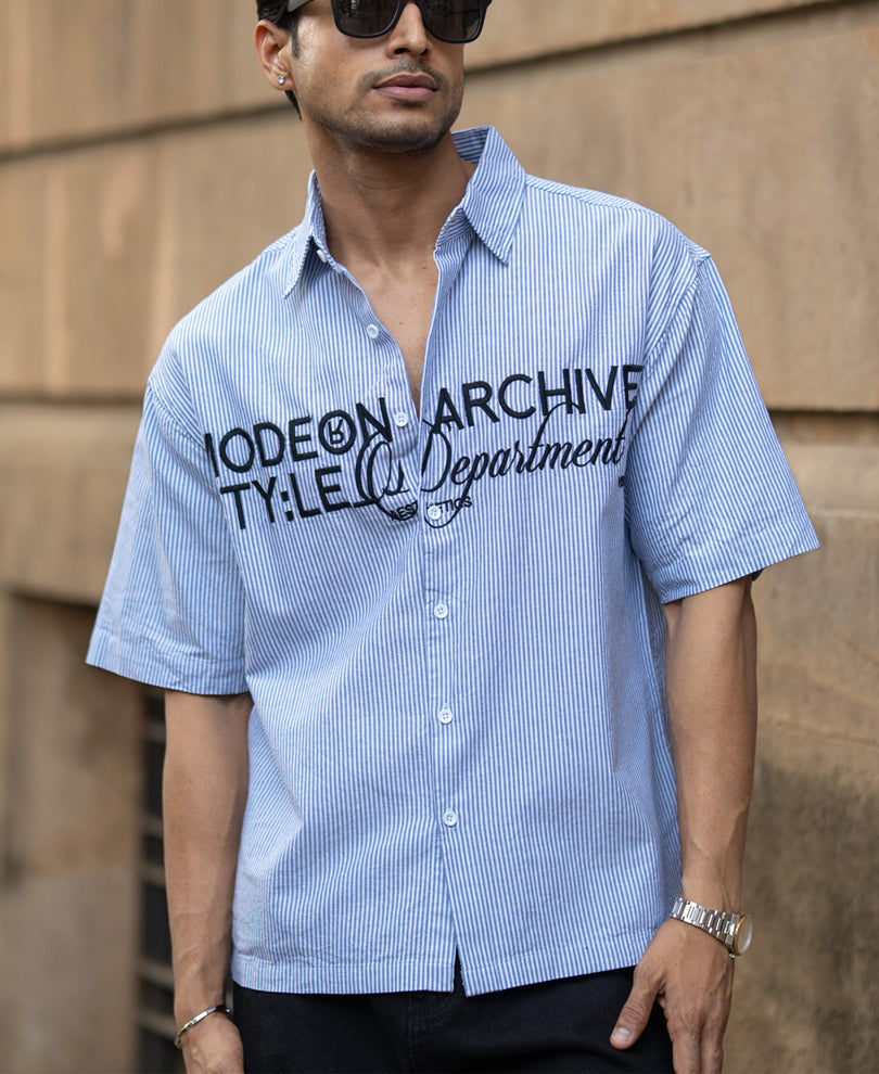 Sky Blue Stripe Embroidered Shirt