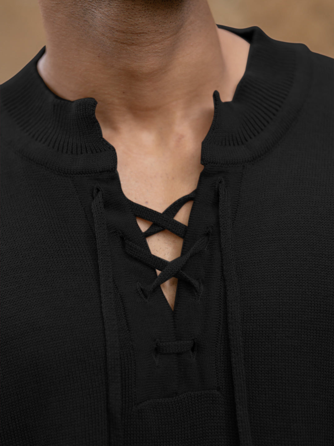 Black Knitted Henley Full Sleeves T-Shirt