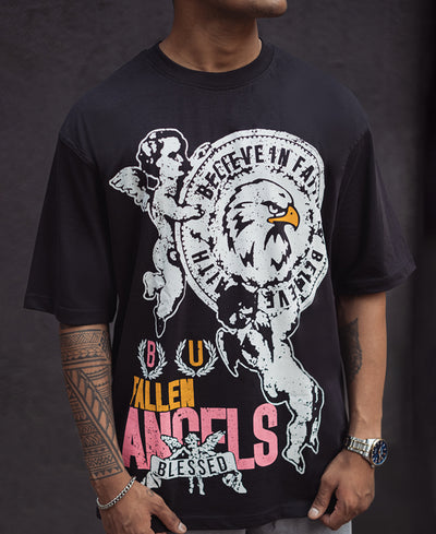 Black Printed Oversized Half Sleeves T Shirt