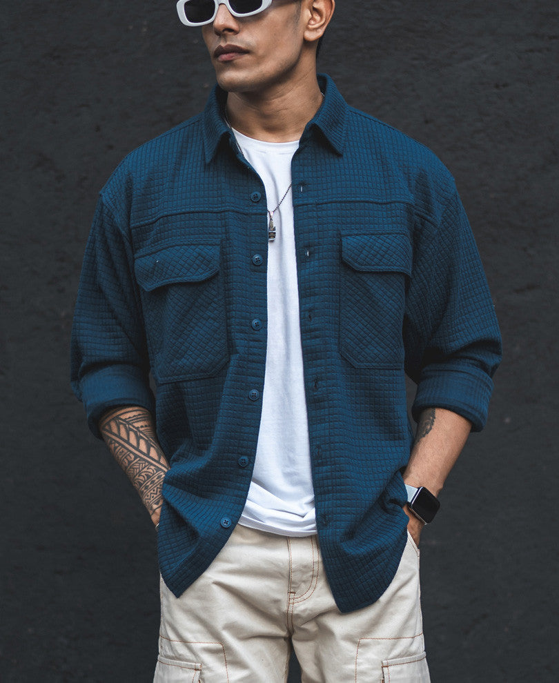 Teal Blue Structured Knit Shacket Oversized Shirt