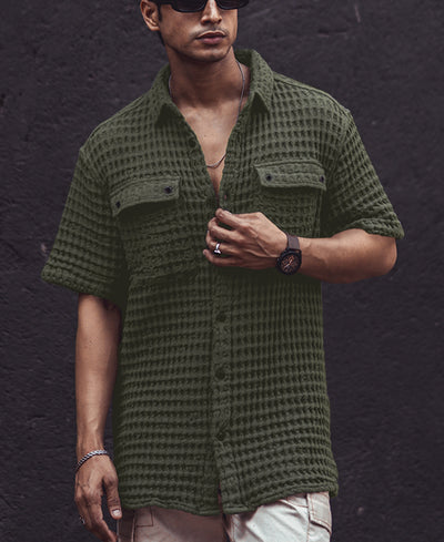 Olive Green Structured Puff Waffle Half Sleeves Shirt