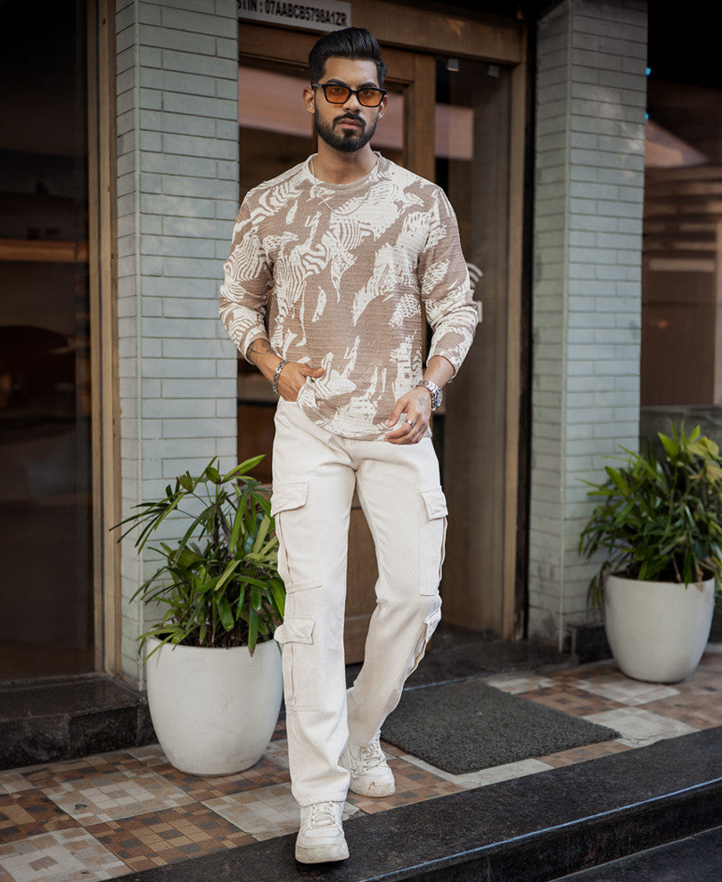 Off-White And Brown Regular Fit Printed Full Sleeves T-Shirt