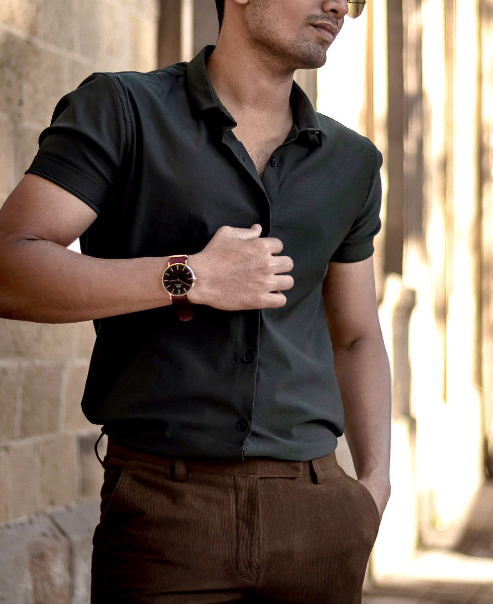 Olive Green Plain Casual Half Sleeves Shirt