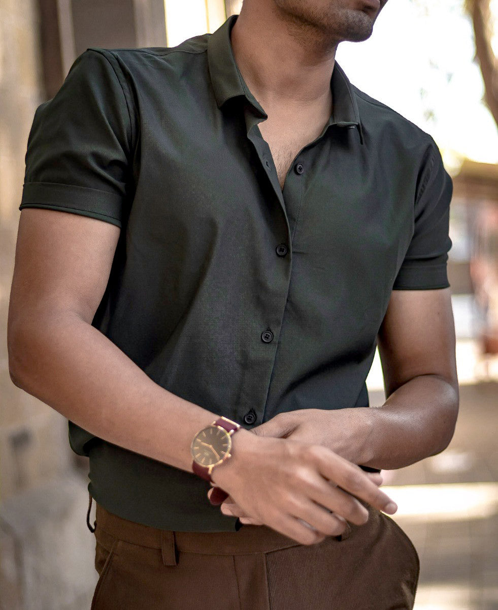 Olive Green Plain Casual Half Sleeves Shirt