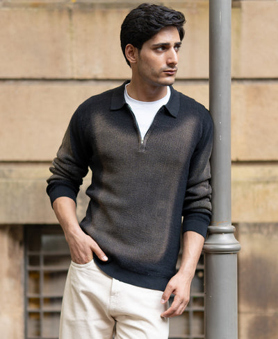 Black Sprayed Zipper Neck Sweater