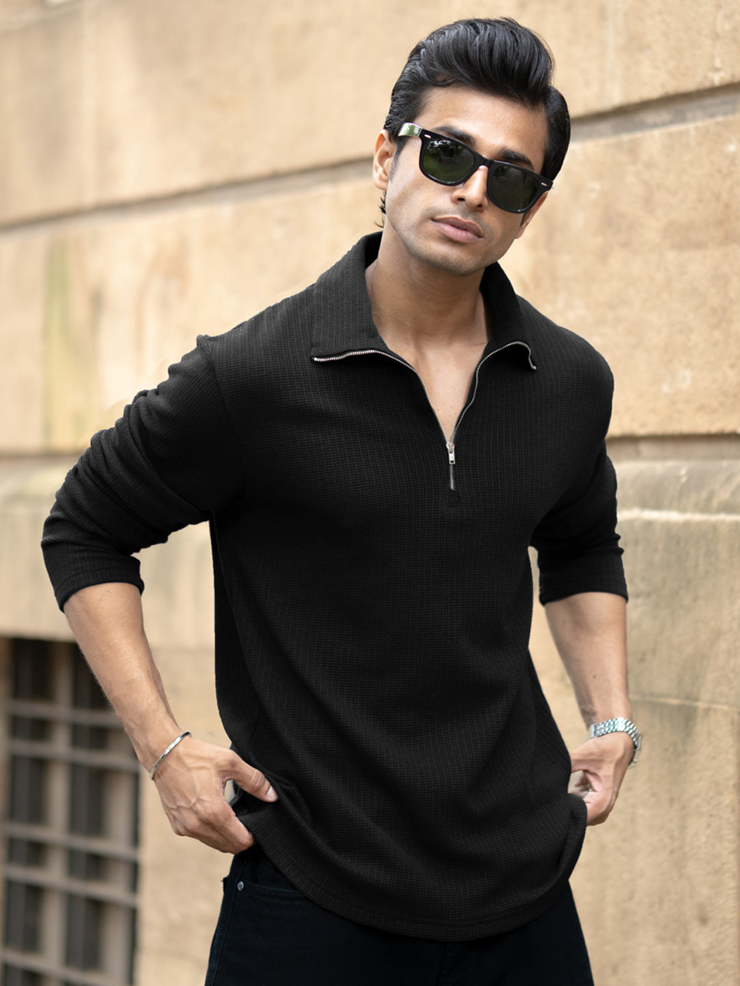 Black Knit Polo Zipper T-Shirt