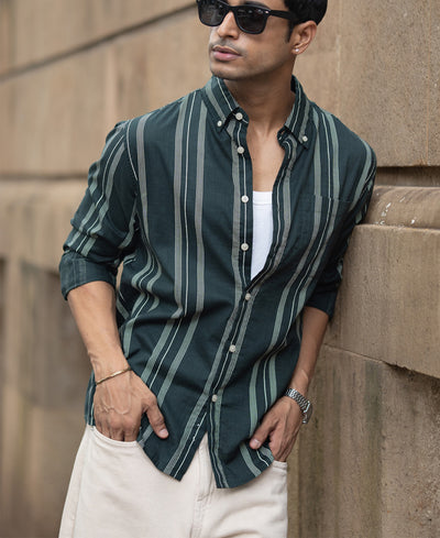 Dark Green Stripped Button Down Shirt